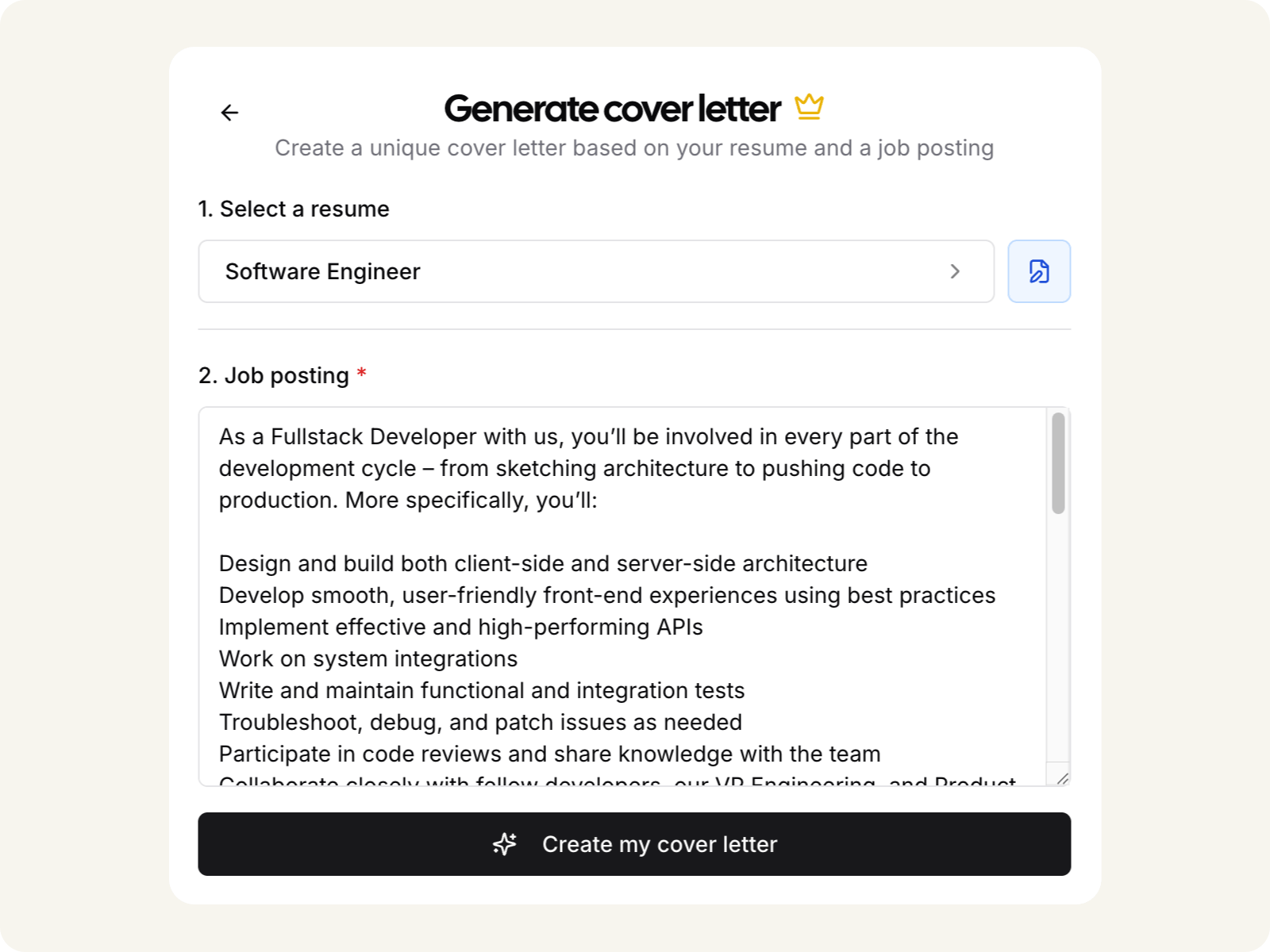 Cover letter generation interface showing job posting input and AI-powered cover letter creation with tailoring options