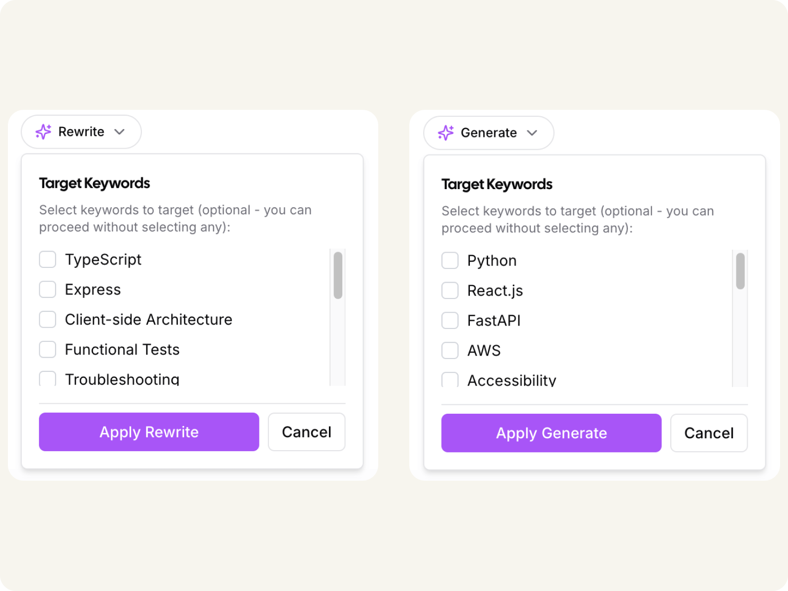 Content generation interface showing rewrite and generate options with target keywords selection
