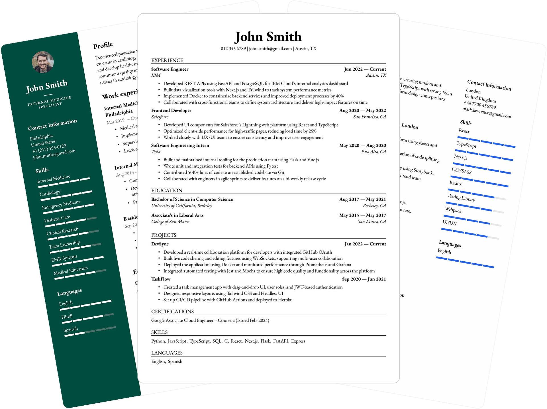 Preview of three professional resume templates