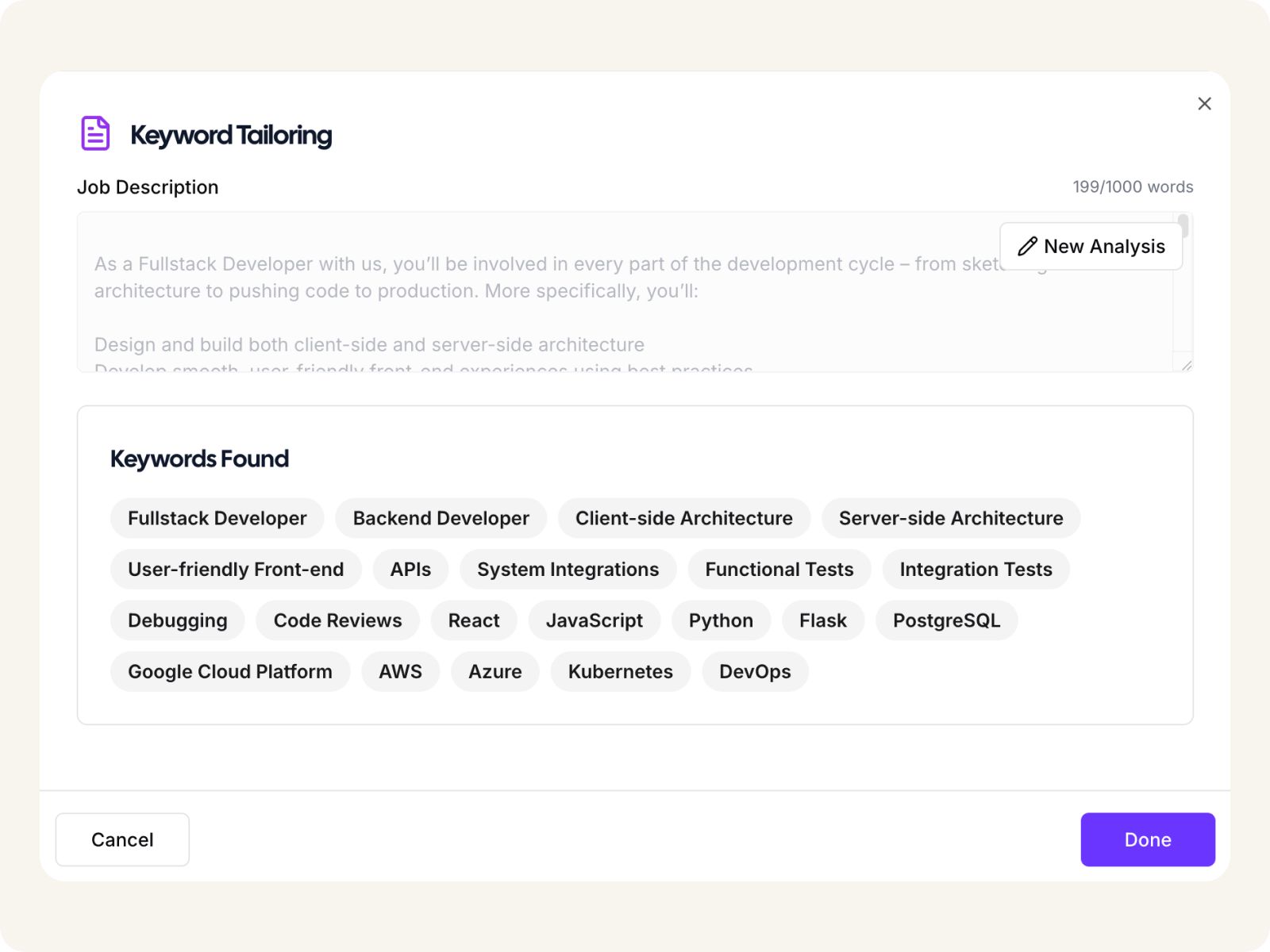 Keyword tailoring interface showing job description analysis with extracted keywords and tailoring options