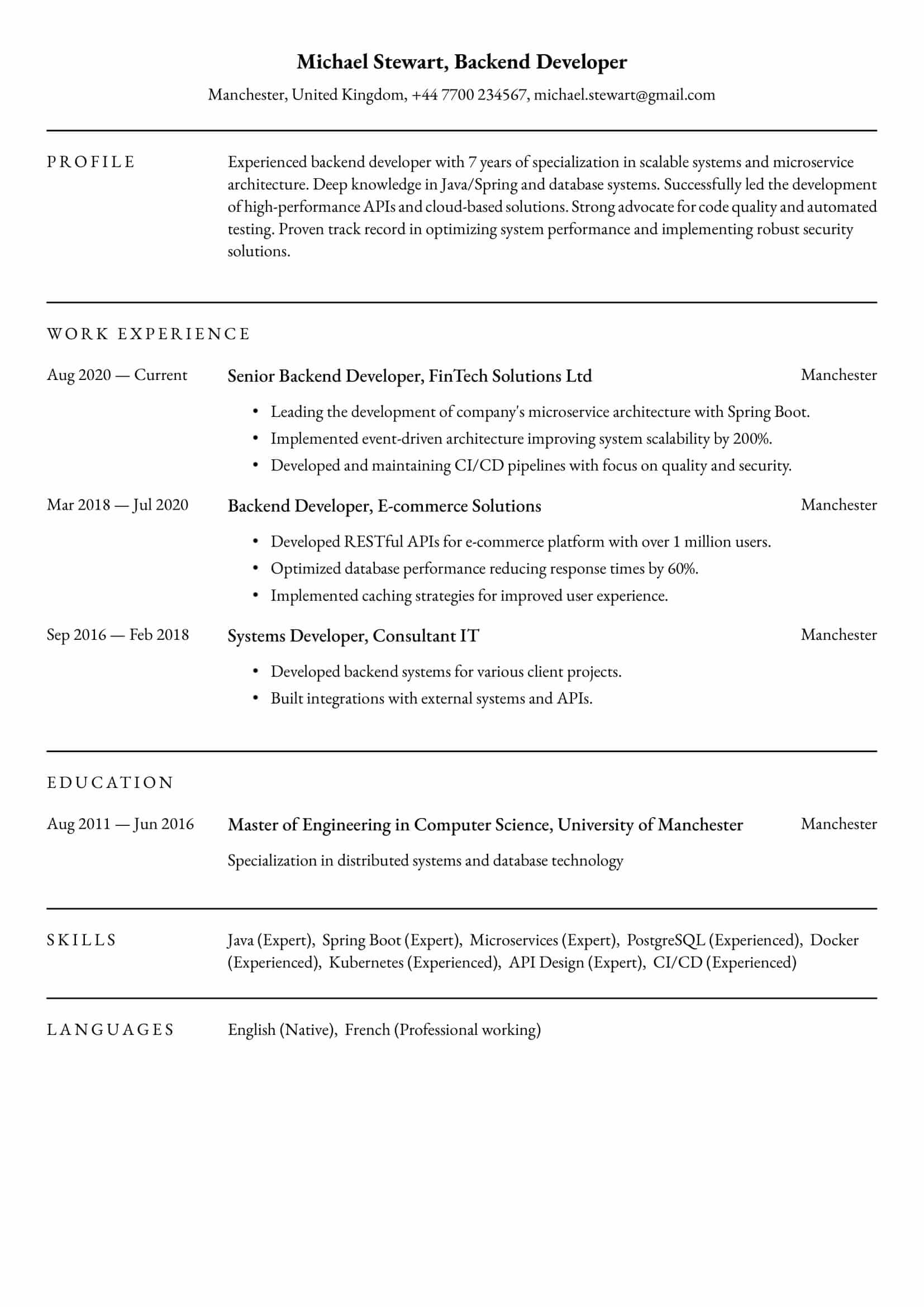 Resume example for Backend Developer – Professional and customizable