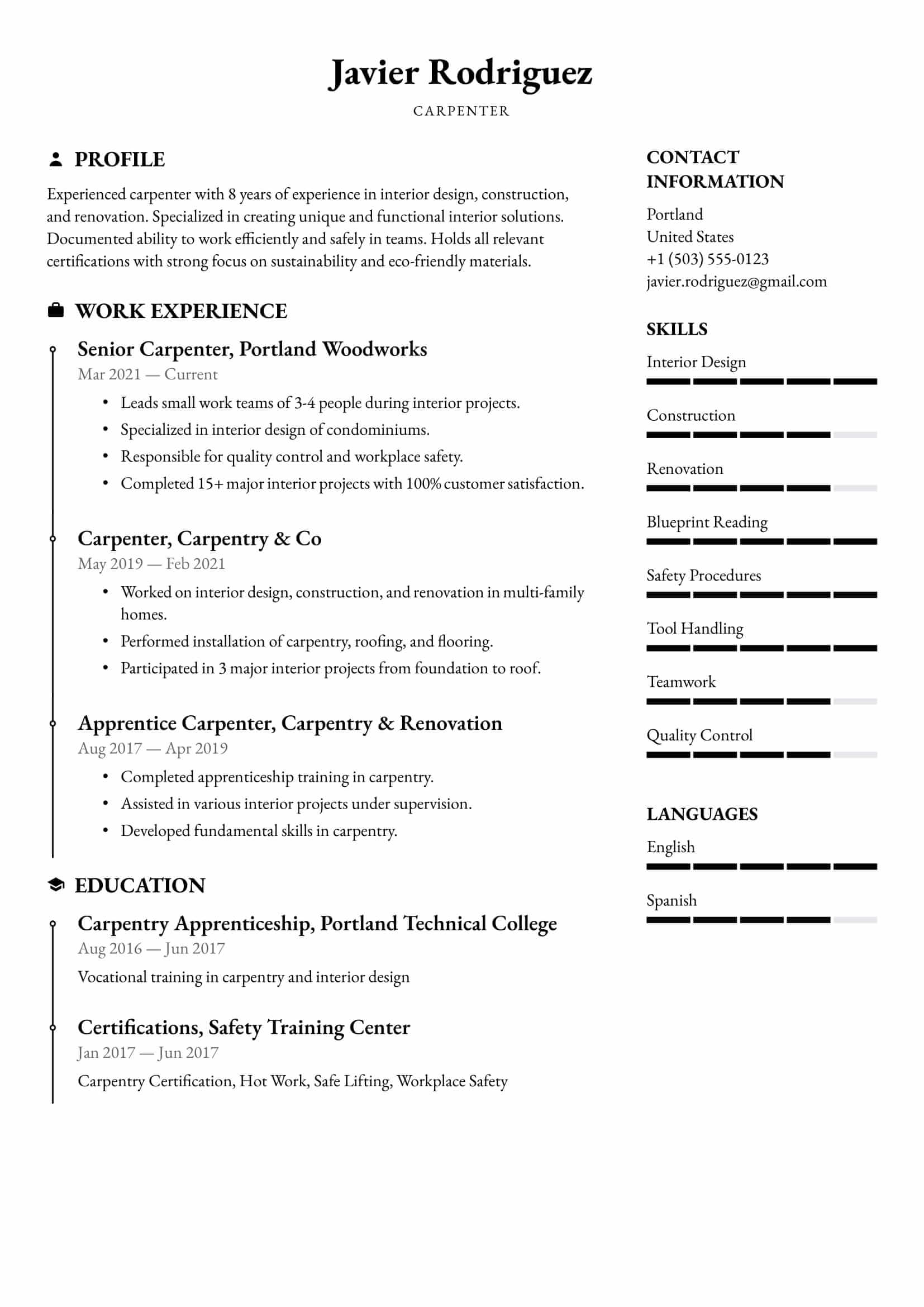 Resume example for Carpenter – Professional and customizable