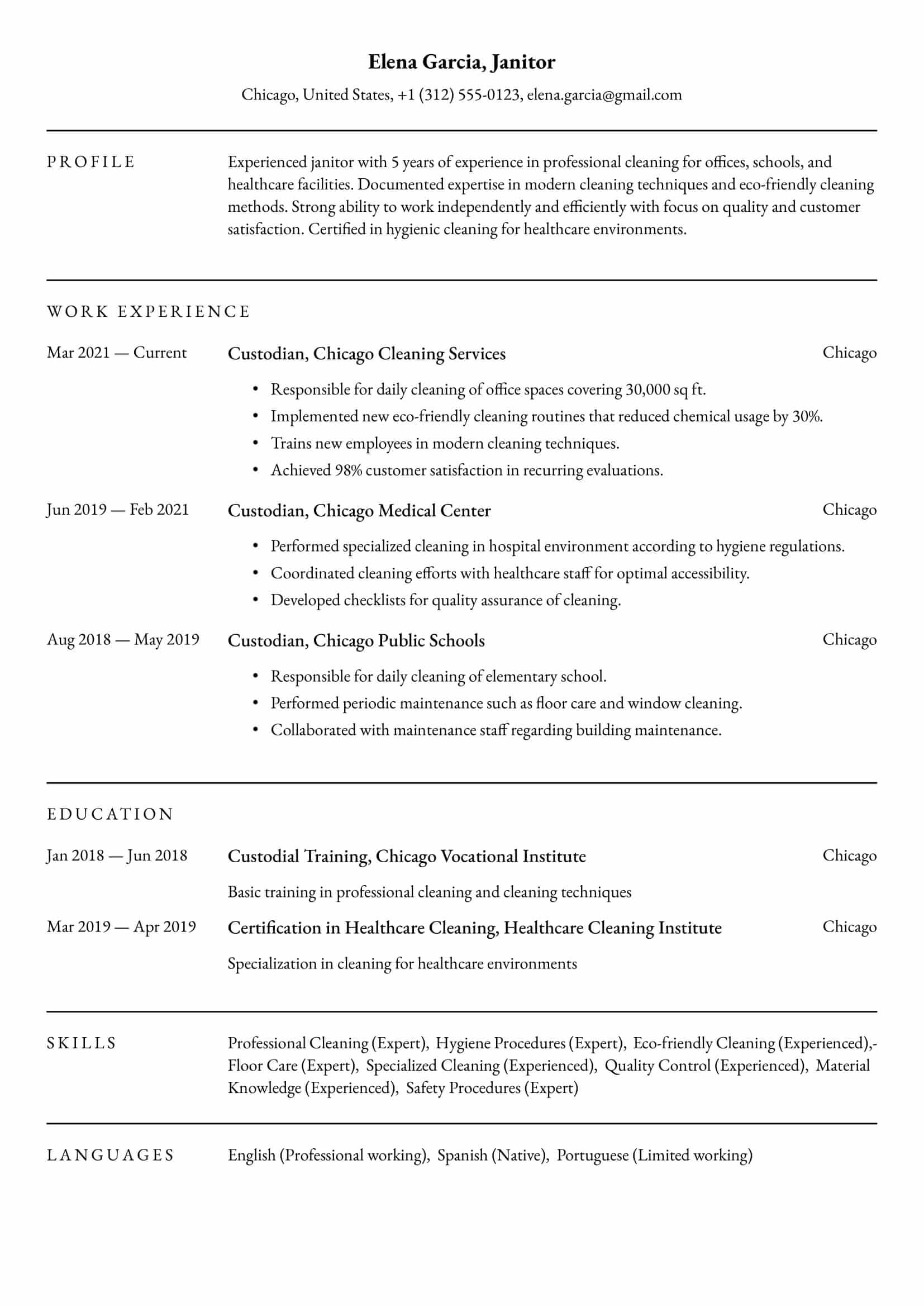 Resume example for Cleaner – Professional and customizable