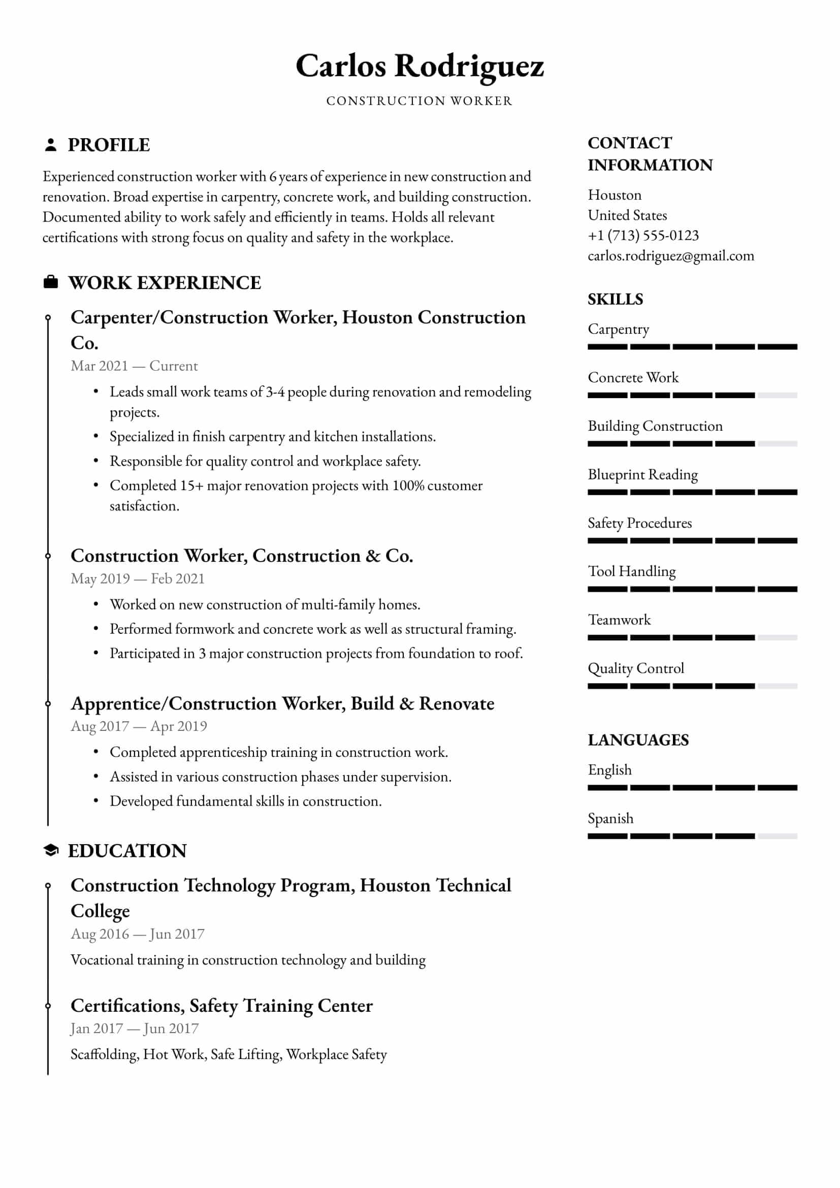 Resume example for Construction Worker – Professional and customizable