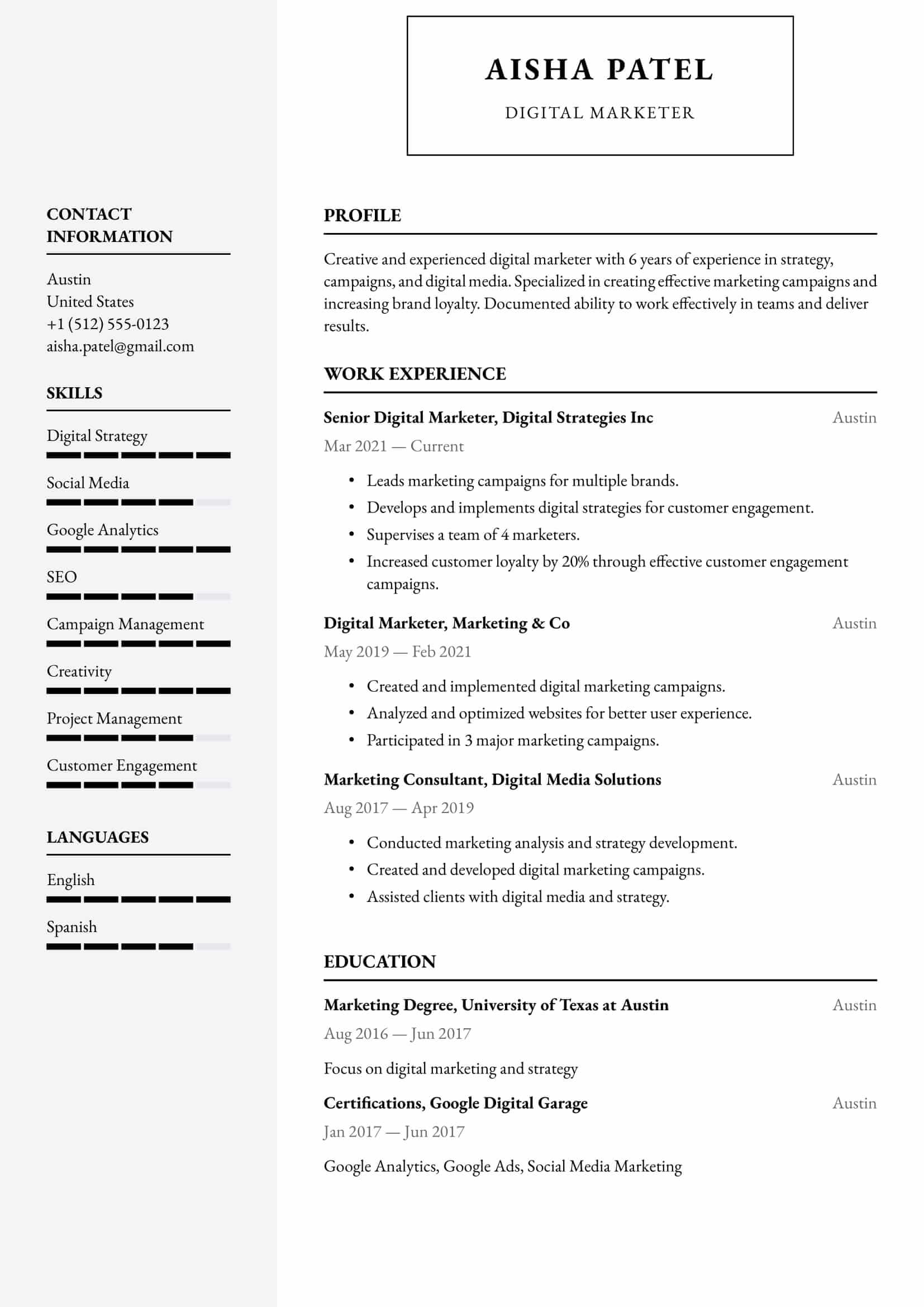 Resume example for Digital Marketer – Professional and customizable