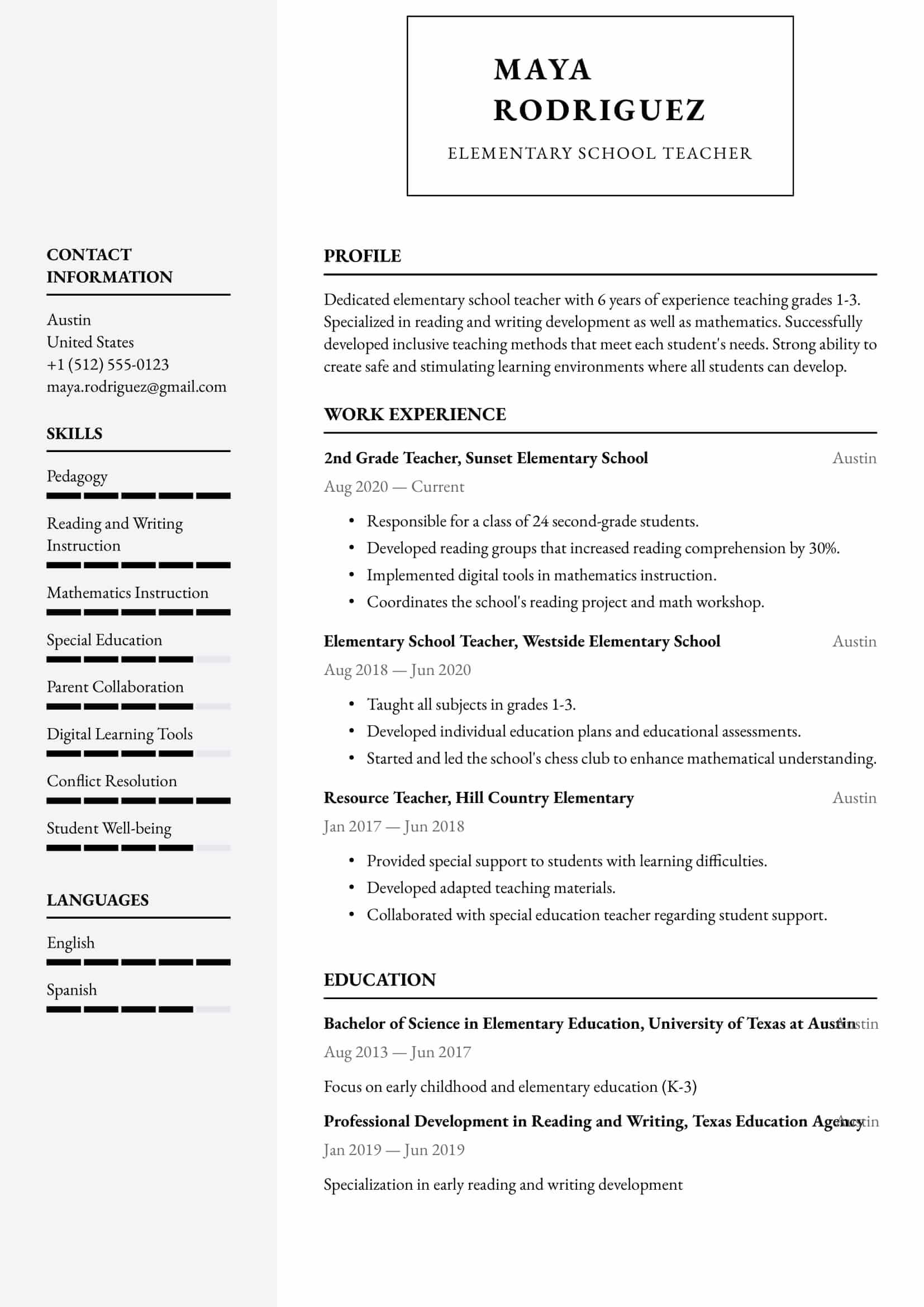 Resume example for Elementary Teacher – Professional and customizable