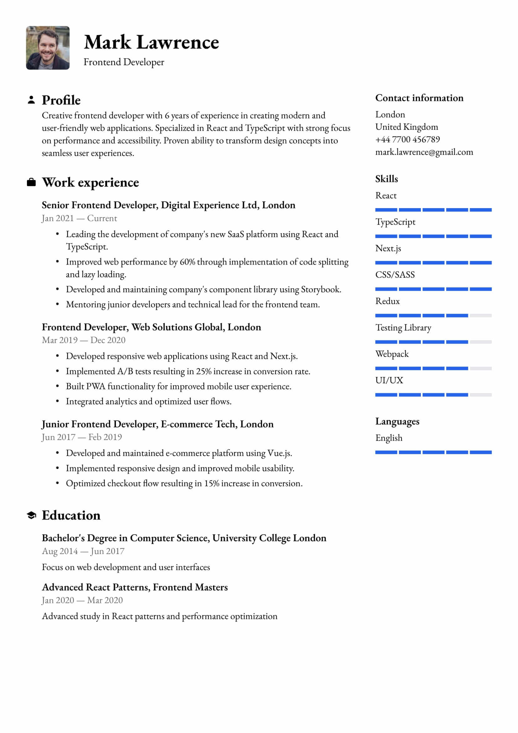 Resume example for Frontend Developer – Professional and customizable
