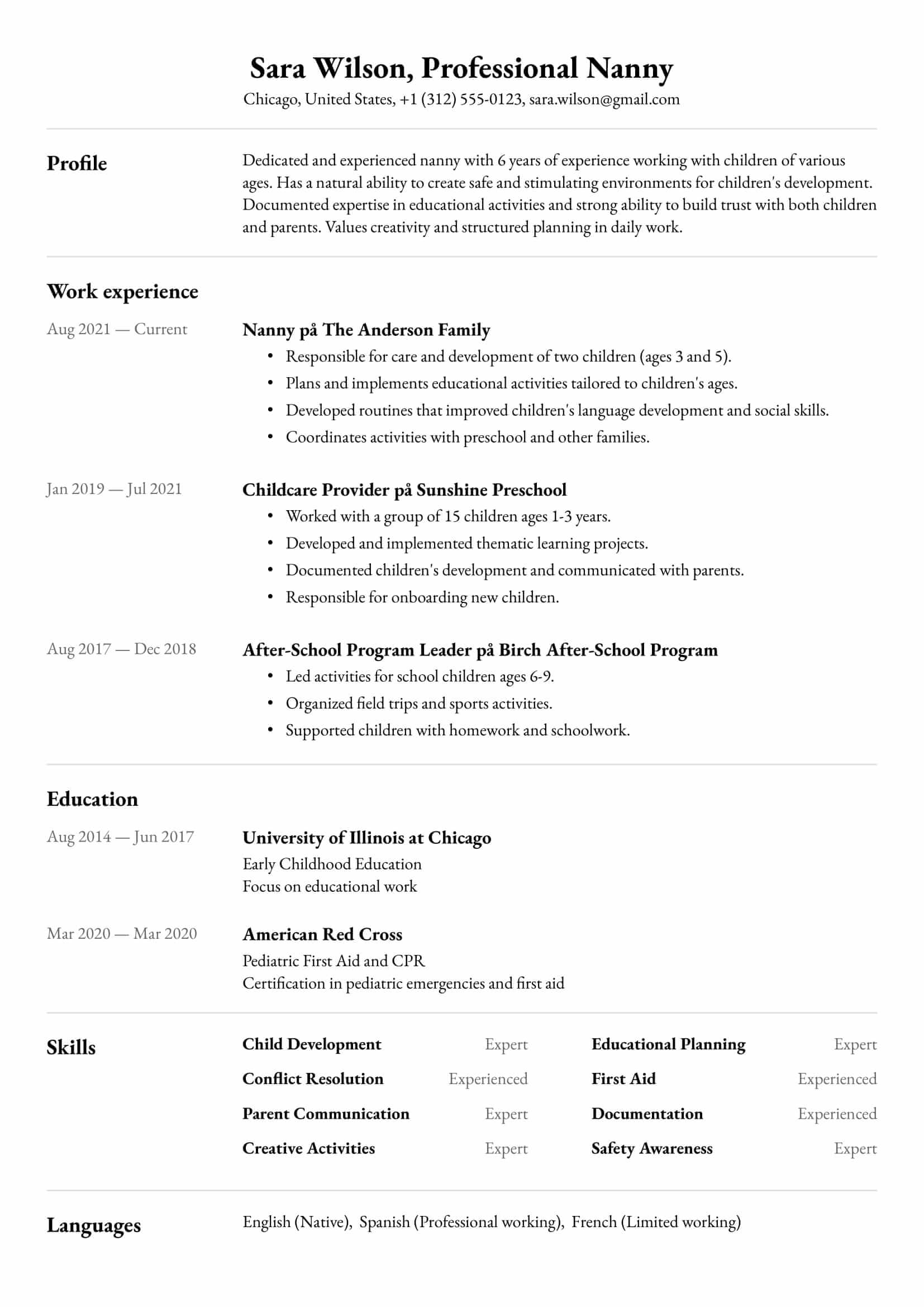 Resume example for Nanny – Professional and customizable