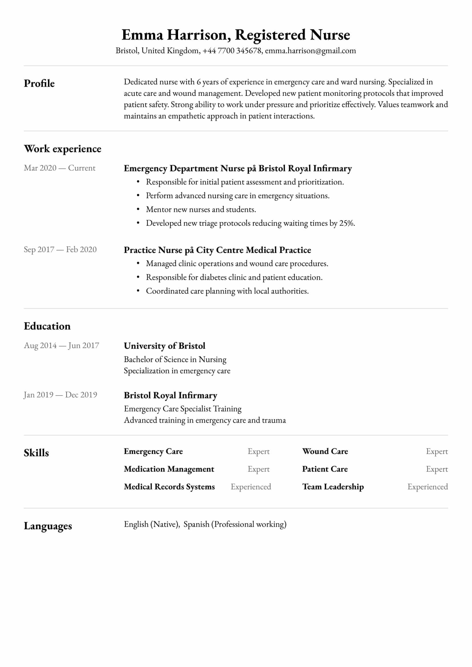 Resume example for Nurse – Professional and customizable