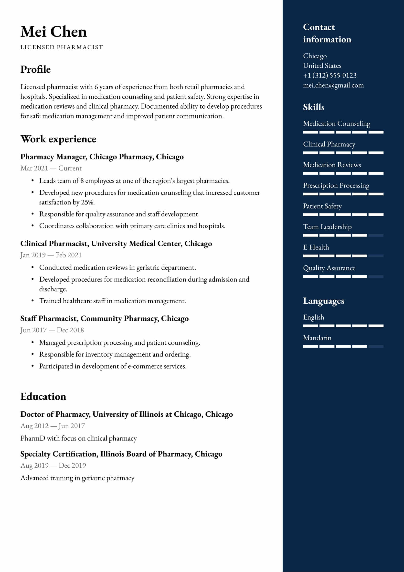 Resume example for Pharmacist – Professional and customizable