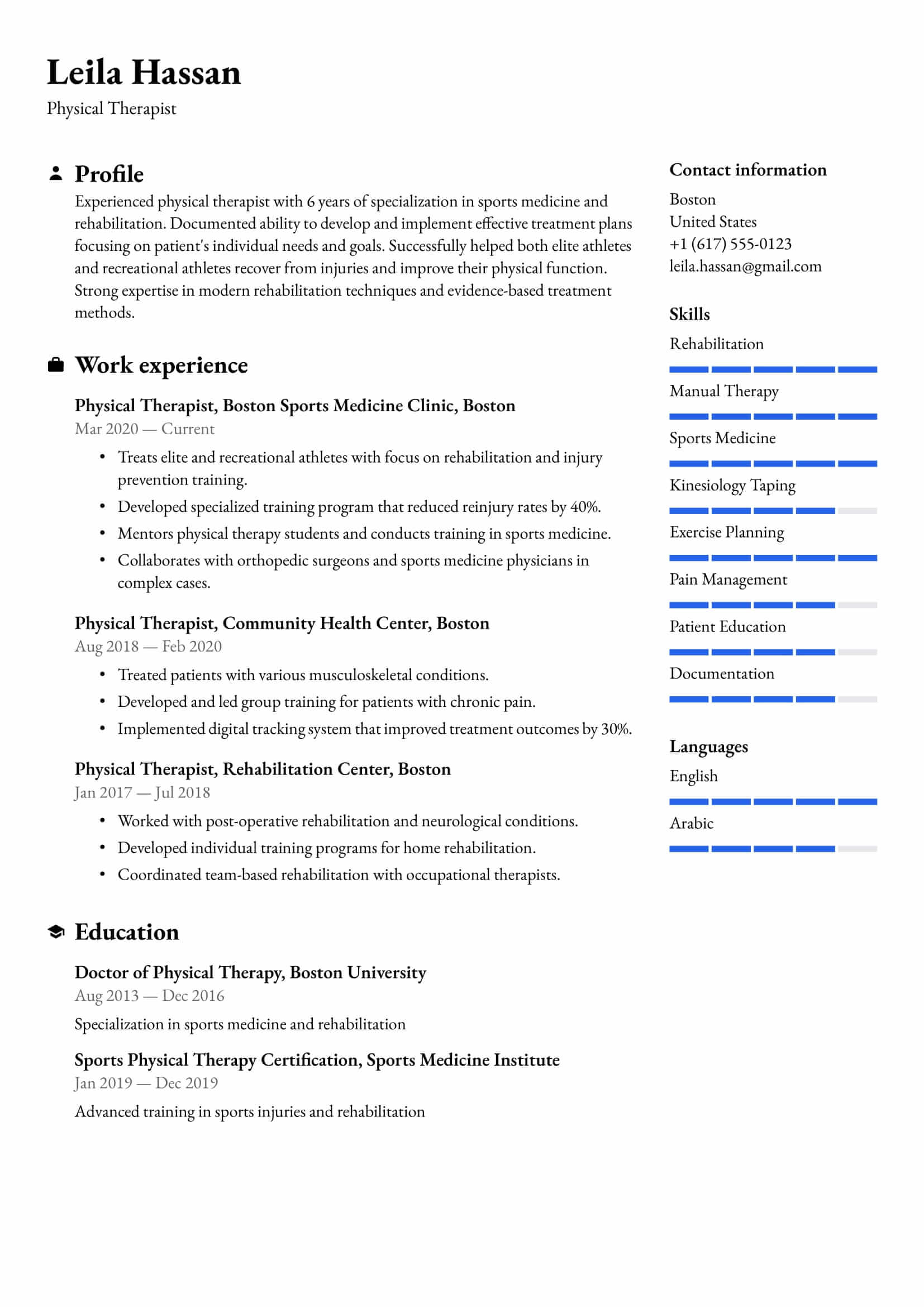Resume example for Physical Therapist – Professional and customizable