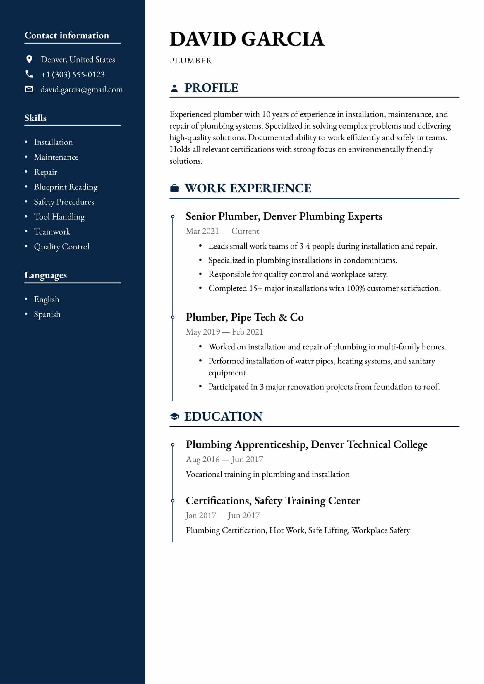 Resume example for Plumber – Professional and customizable