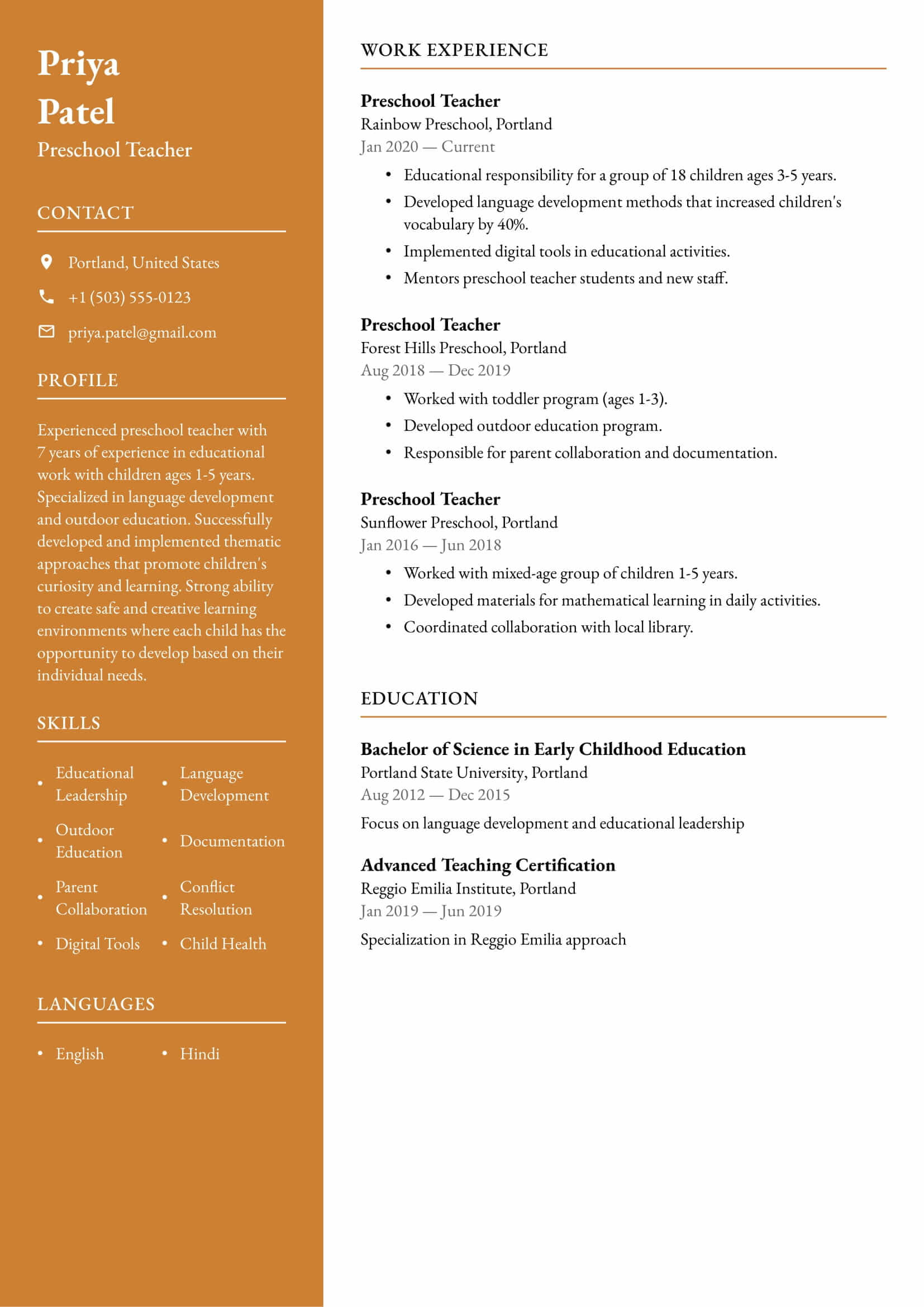 Resume example for Preschool Teacher – Professional and customizable