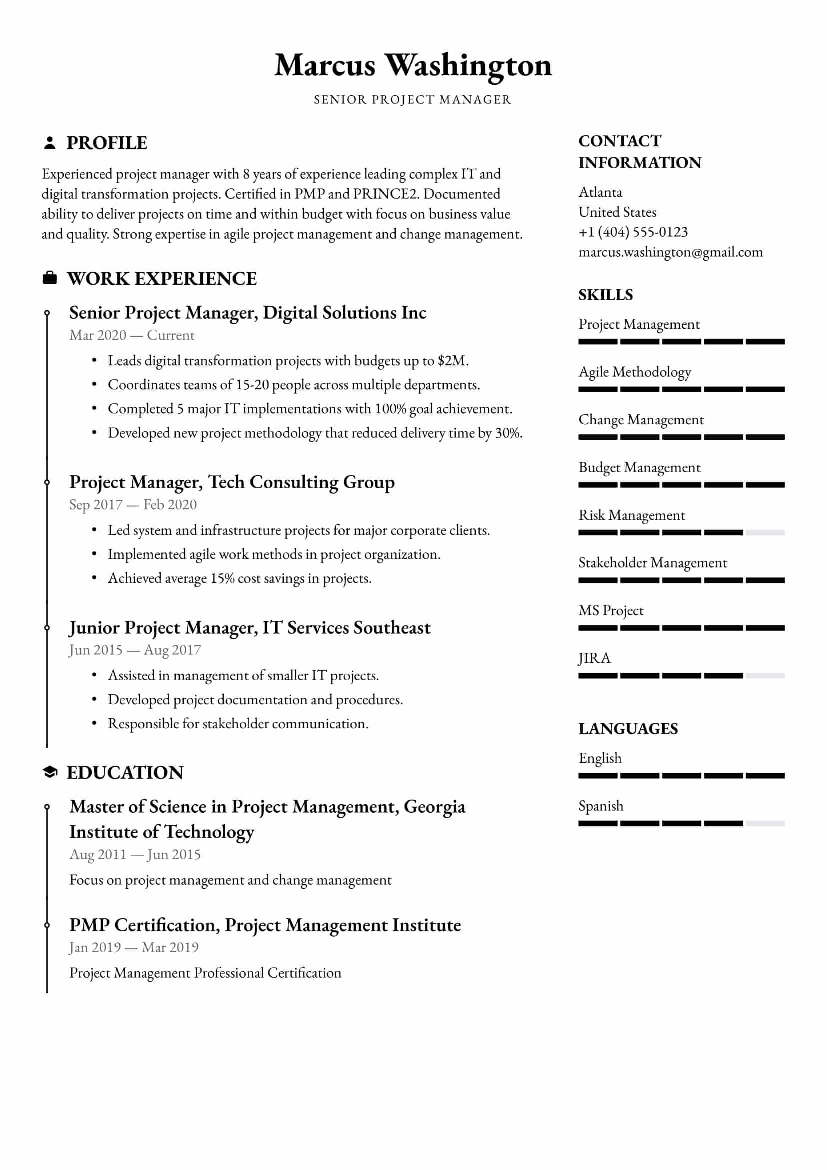 Resume example for Project Manager – Professional and customizable