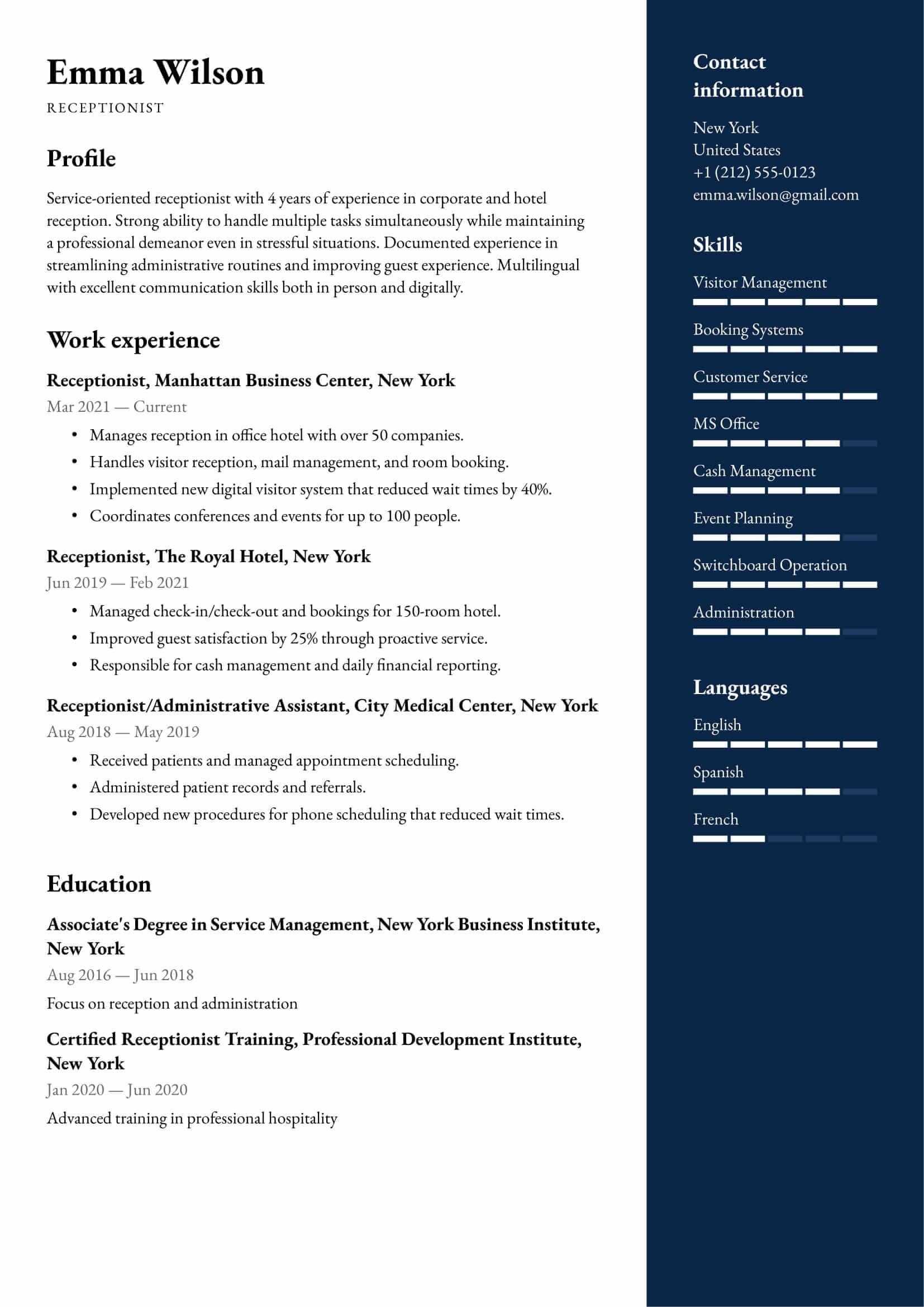Resume example for Receptionist – Professional and customizable