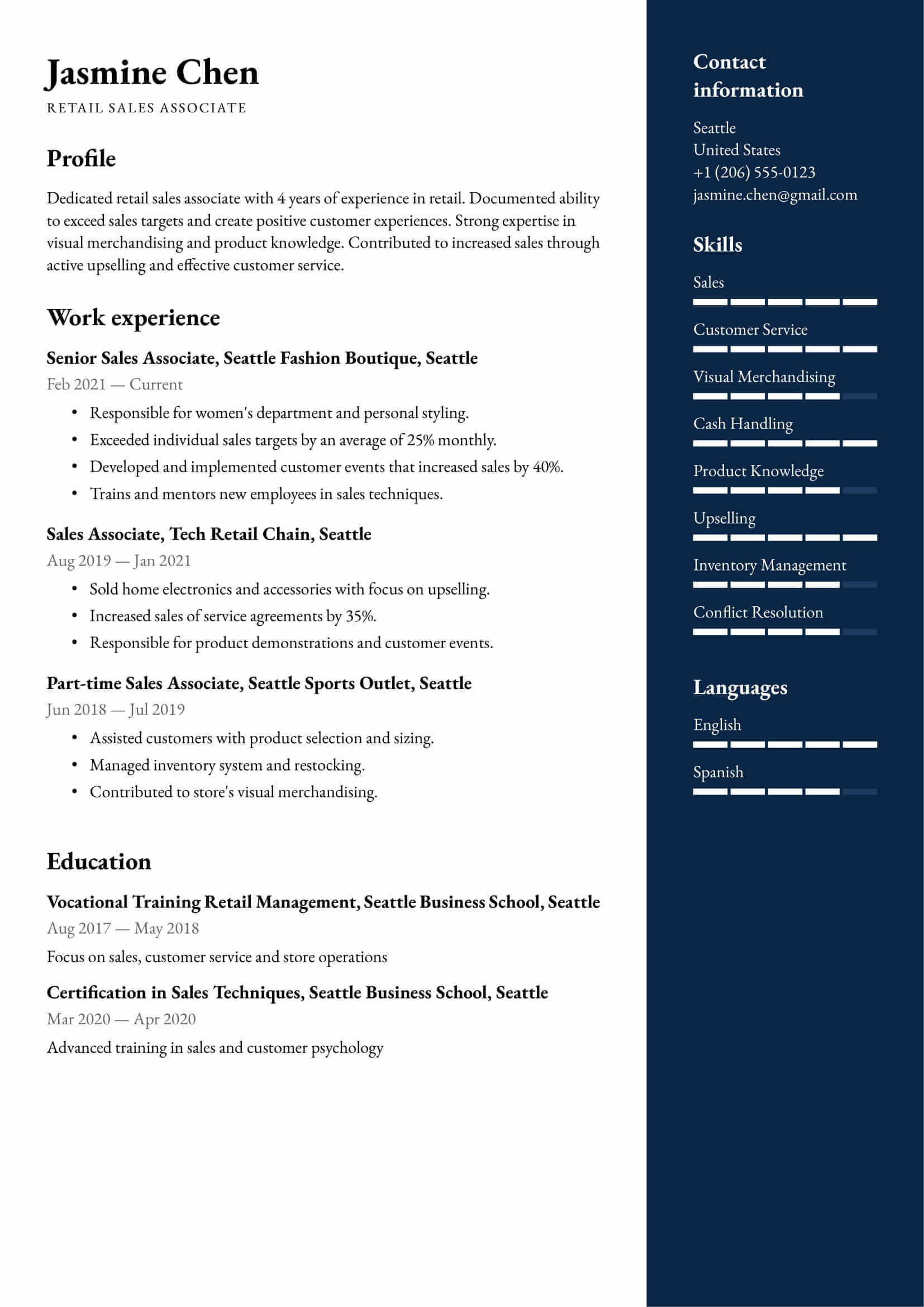 Resume example for Retail Salesperson – Professional and customizable