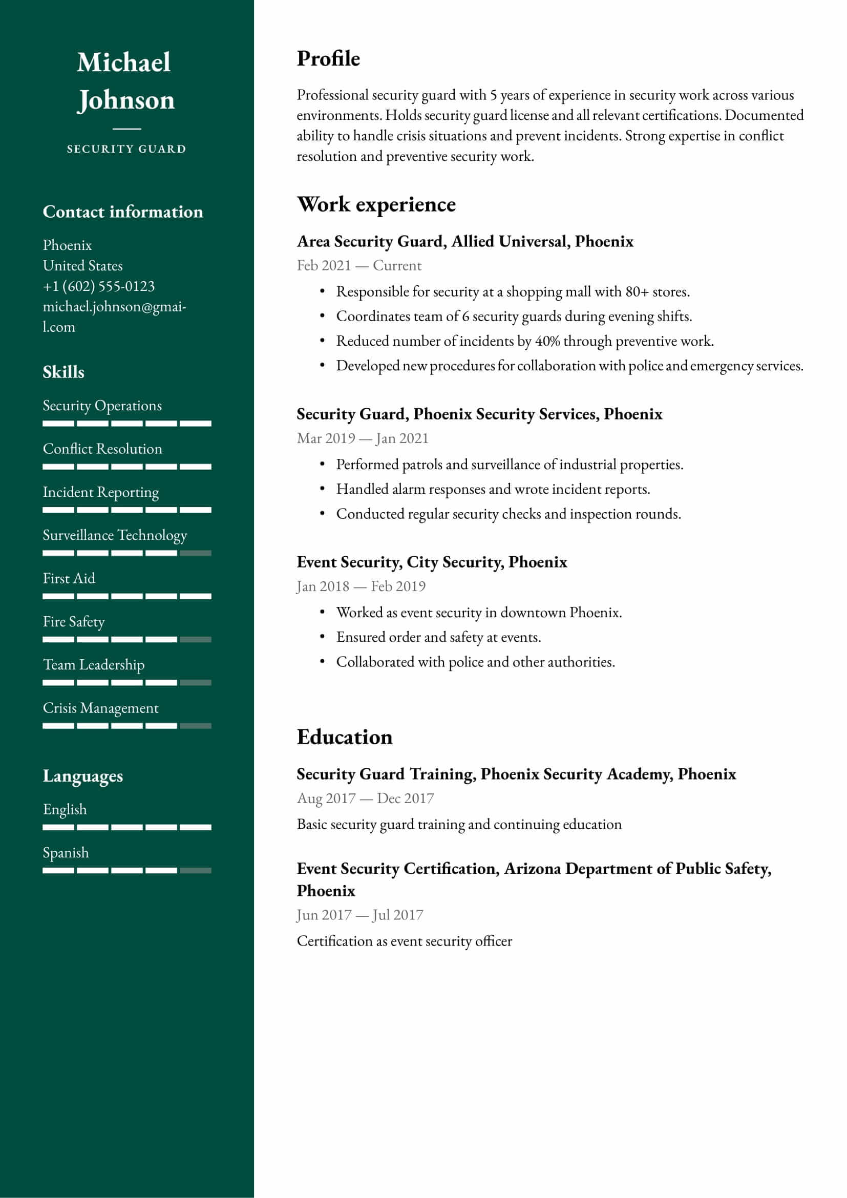 Resume example for Security Guard – Professional and customizable