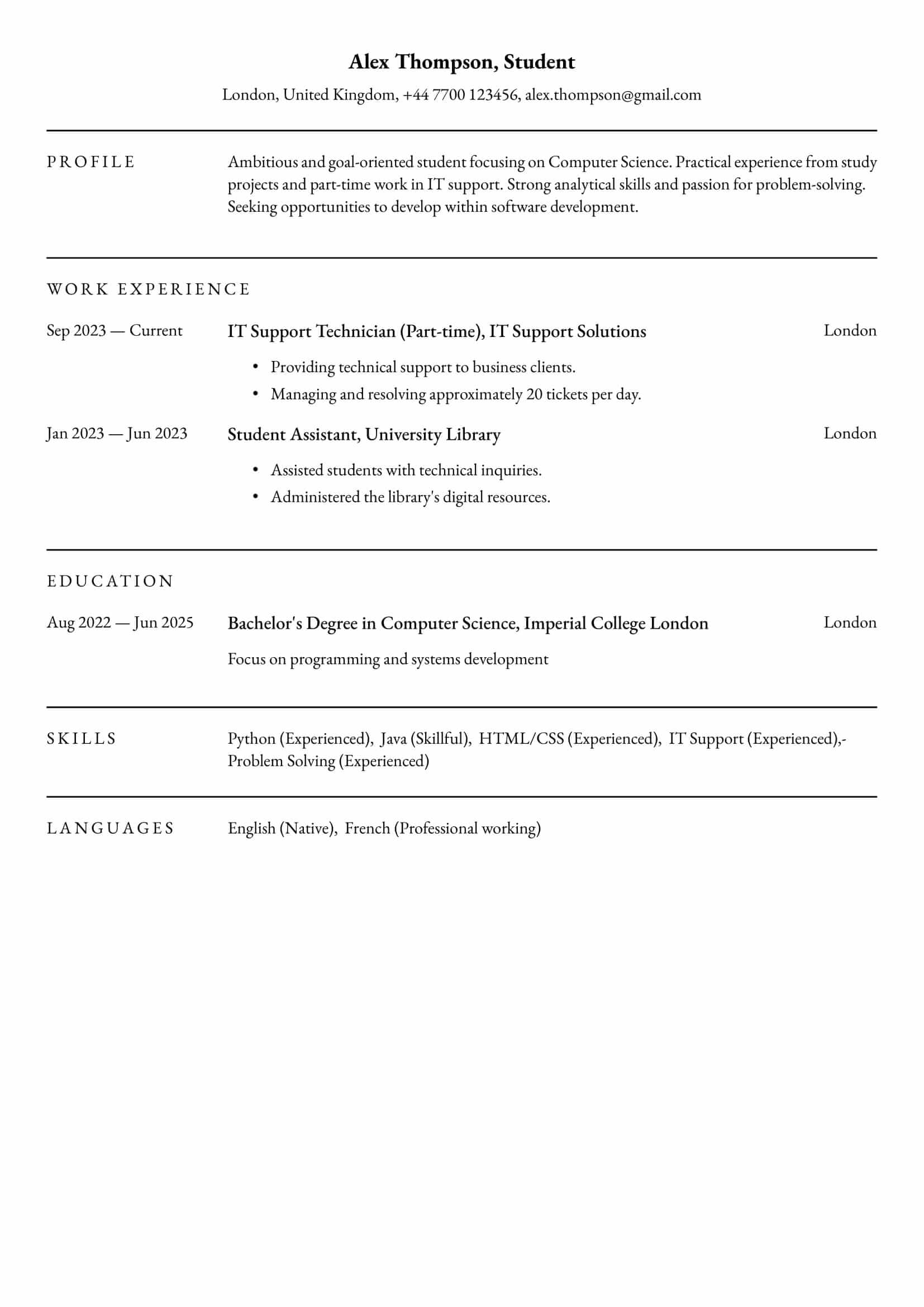 Resume example for Student – Professional and customizable