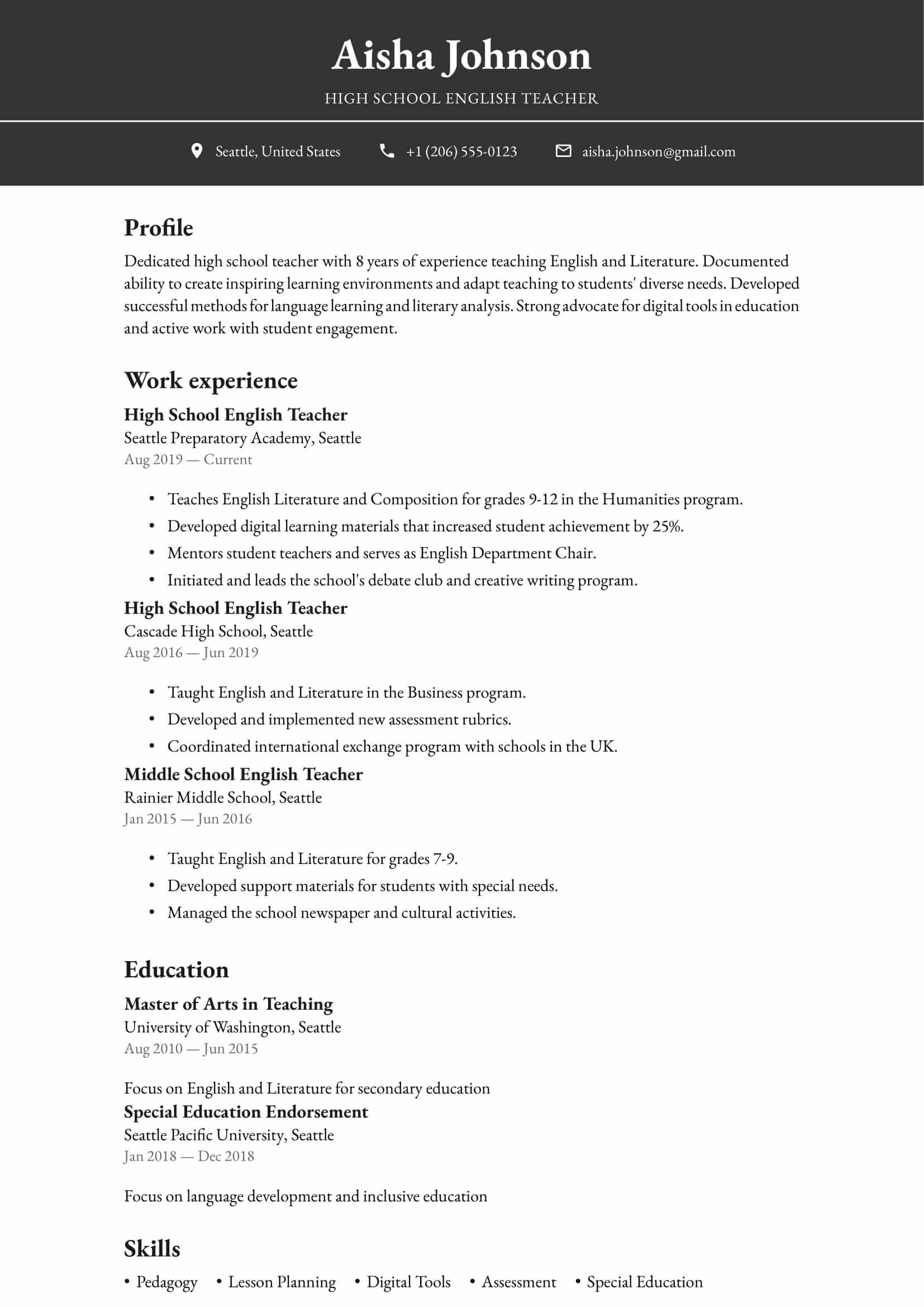 Resume example for Teacher – Professional and customizable