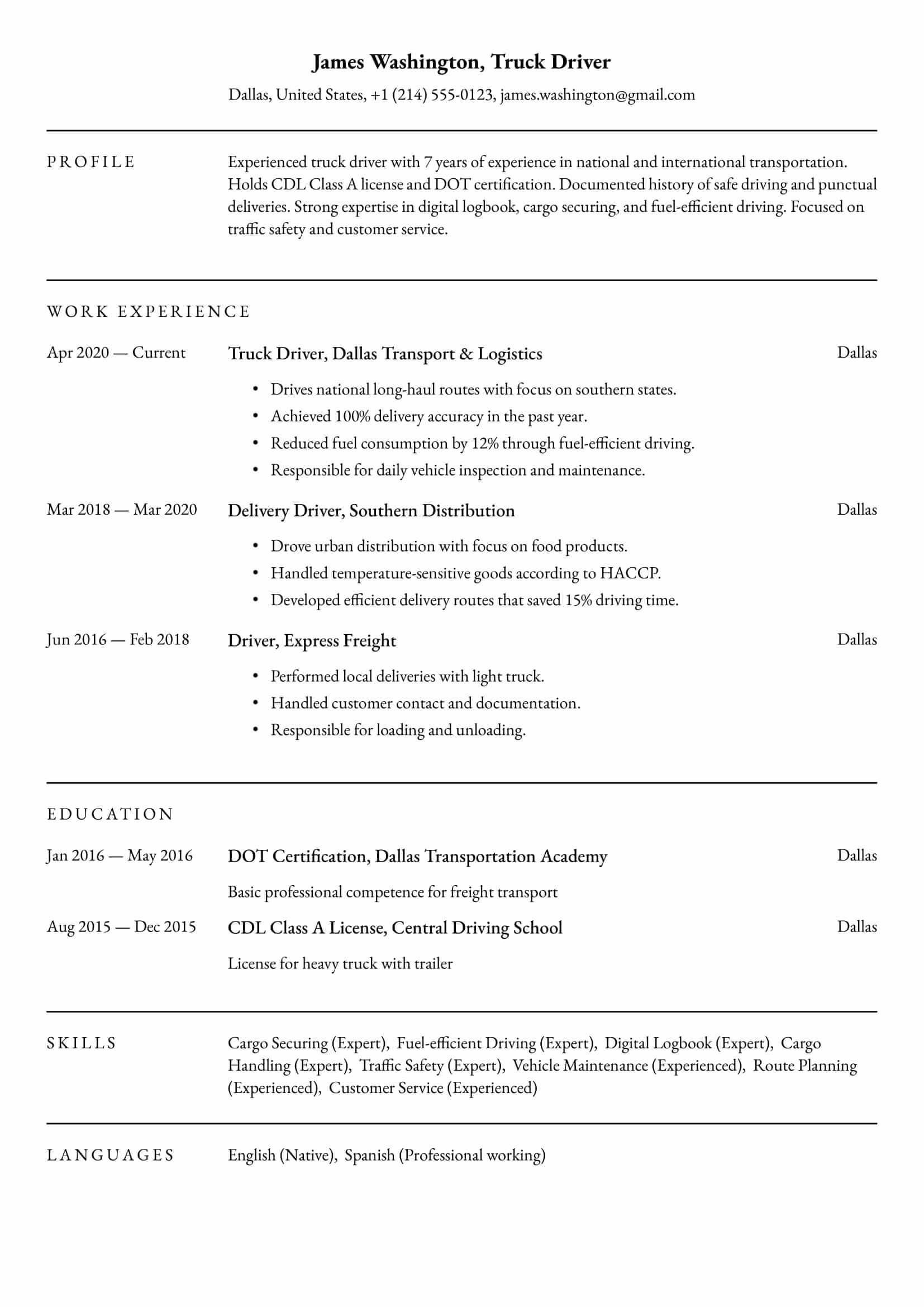 Resume example for Truck Driver – Professional and customizable