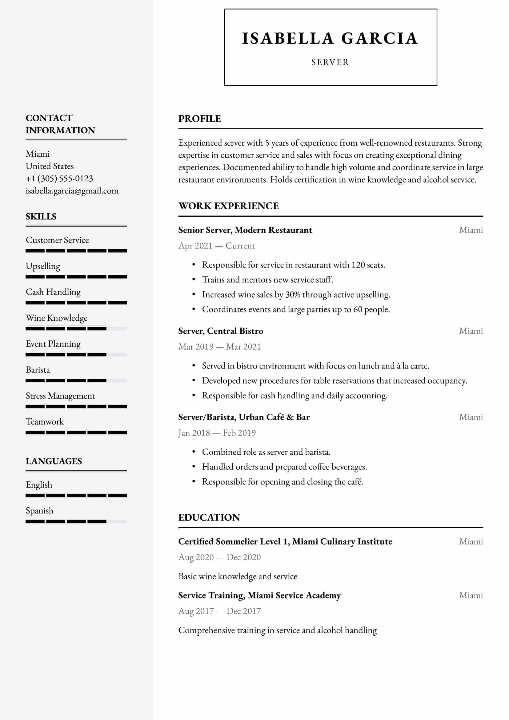 Resume example for Server – Professional and customizable