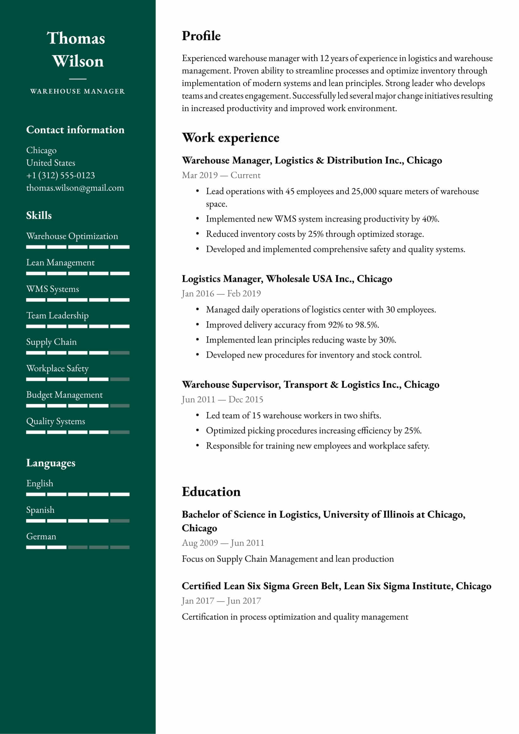 Resume example for Warehouse Manager – Professional and customizable