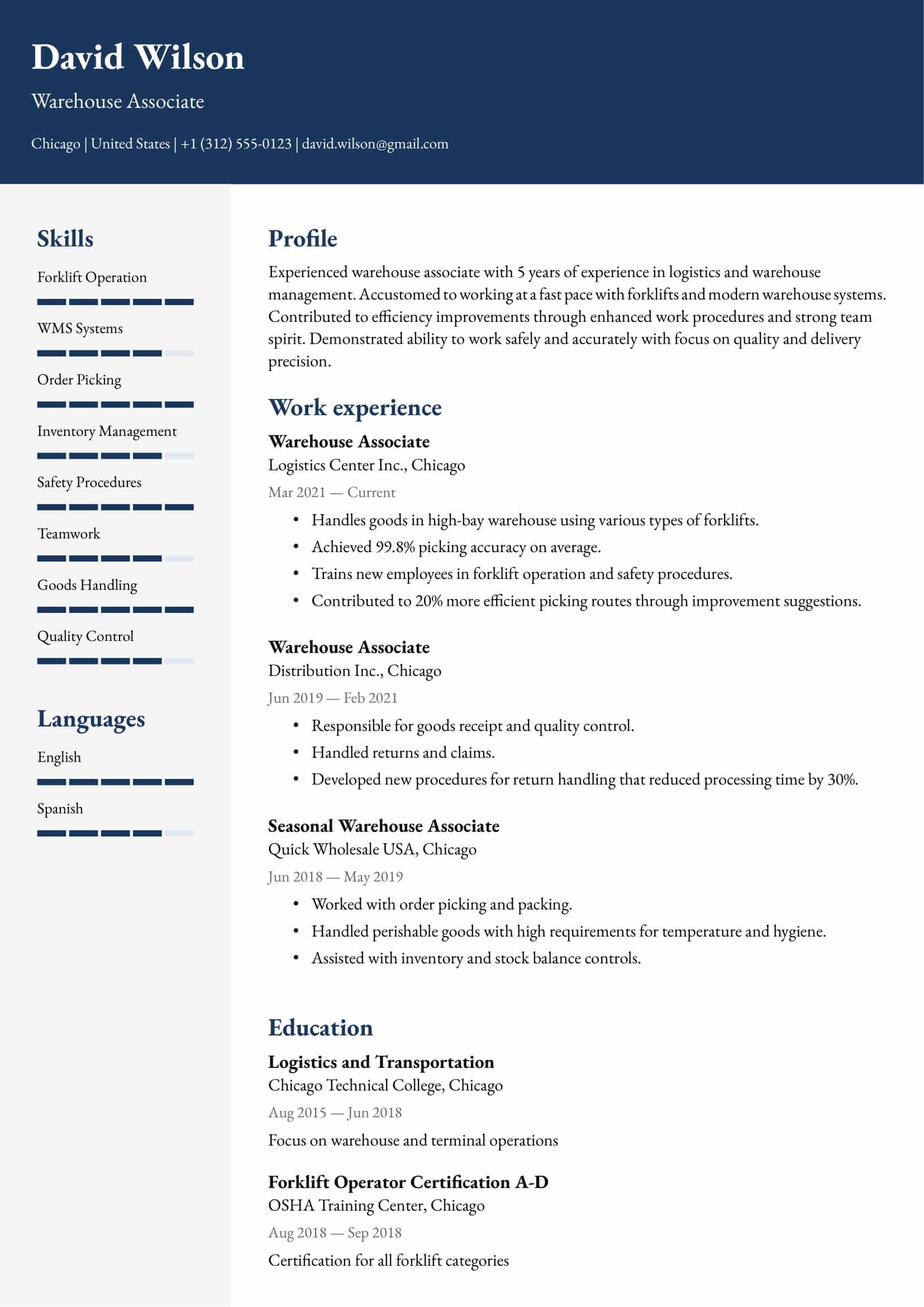 Resume example for Warehouse Worker – Professional and customizable